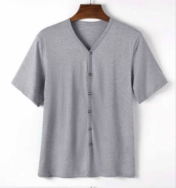 インナーシャツ メンズ トップス 半袖 前開き Vネック Tシャツ Lサイズ グレー 灰色