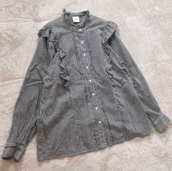 Spick&Span スピックアンドスパン シャツ コットン シルク ブラウス 綿 絹 フリル ストライプ ボーダー 長袖