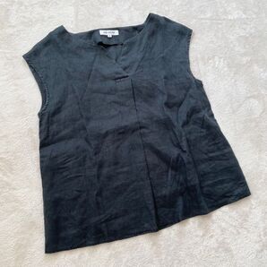 NATURAL BEAUTY BASIC ナチュラルビューティーベーシック リネンブラウス 麻 フレンチスリーブ ブラック M