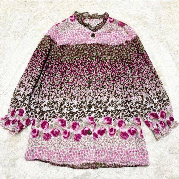 【一点物】ヴィンテージ 花柄 シースルー ブラウス ピンク 茶色 総柄 カットソー 七分袖 トップス 長袖 かわいい チューリップ