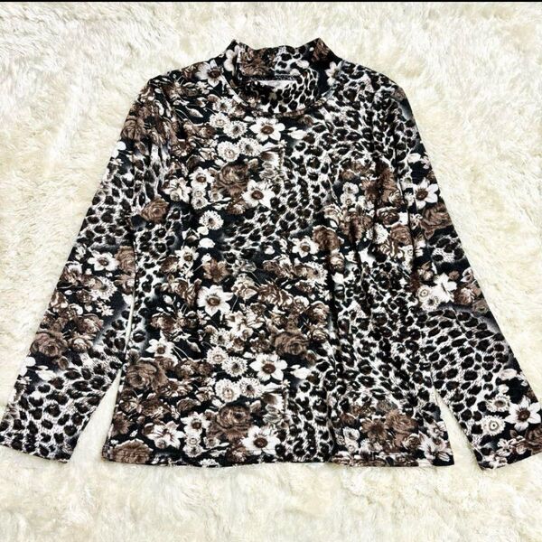 【一点物】 ヴィンテージ 白黒茶 花柄 レオパード ハイネック カットソー 長袖Tシャツ ロンT 総柄 トップス ハイネック 豹柄