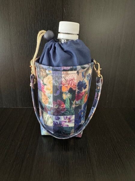 保温保冷ペットボトルカバーS ハンドメイド リバティ アーカイブギンガム インディゴブルー