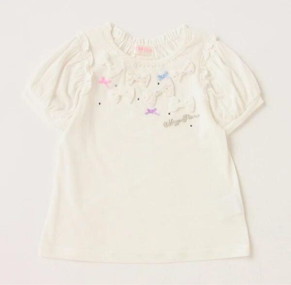 【新品/メゾピアノ】130cmリボンモチーフ パフスリーブTシャツ トップス Tシャツ 半袖Tシャツ