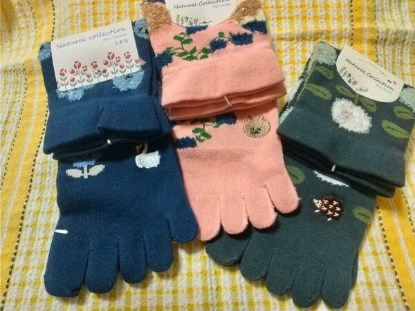 3足組 五本指ソックス 綿混ソックス 猫 刺繍 ソックス 靴下 レディース ピンク