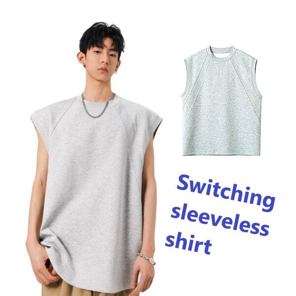 ノースリーブ タンクトップ メンズ S Tシャツ 袖無 綿 無地 切り替 グレー カットソー シンプル