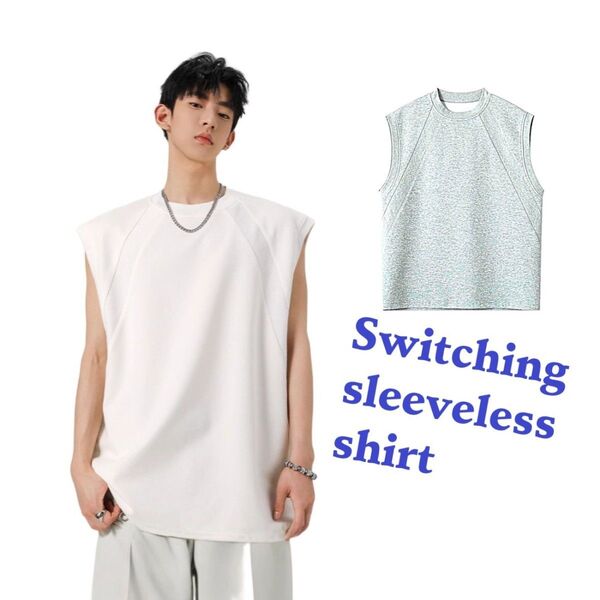 ノースリーブ タンクトップ メンズ S Tシャツ 袖なし 綿 無地 切り替え 白