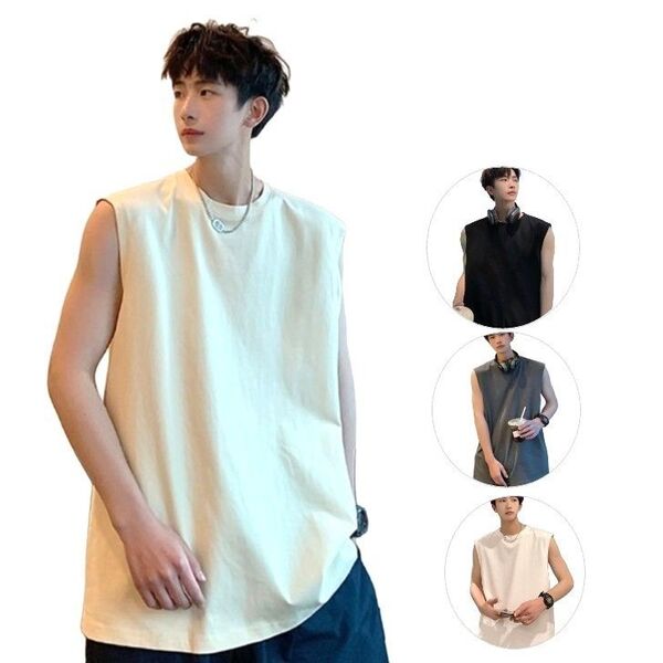ノースリーブ メンズ タンクトップ Tシャツ 綿 無地 S クリーム ベージュ ノースリーブトップス