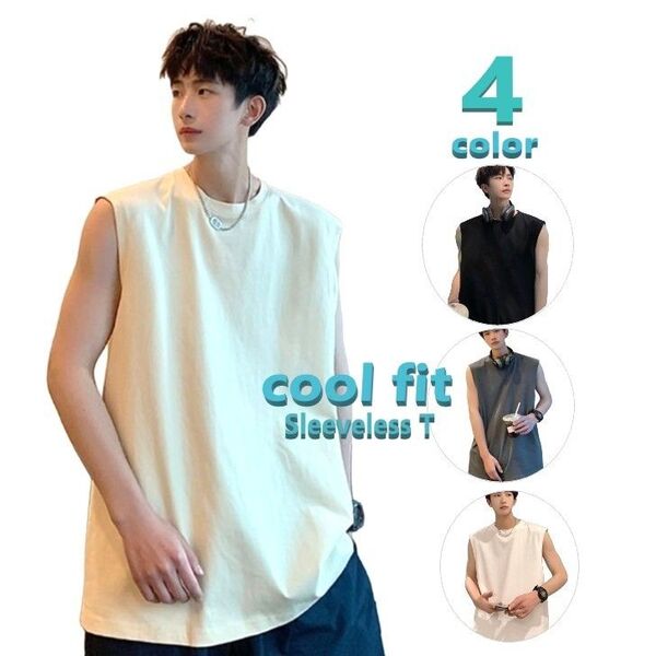 ノースリーブ タンクトップ メンズ L Tシャツ 綿 無地 クリーム ベージュ トップス カットソー