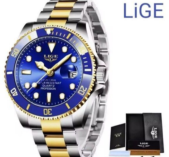 LiGE ダイバーウォッチ ステンレスバンド 30m防水 スポーツウォッチ メンズ腕時計 ゴールドブルー ギフトBOX付き 新品