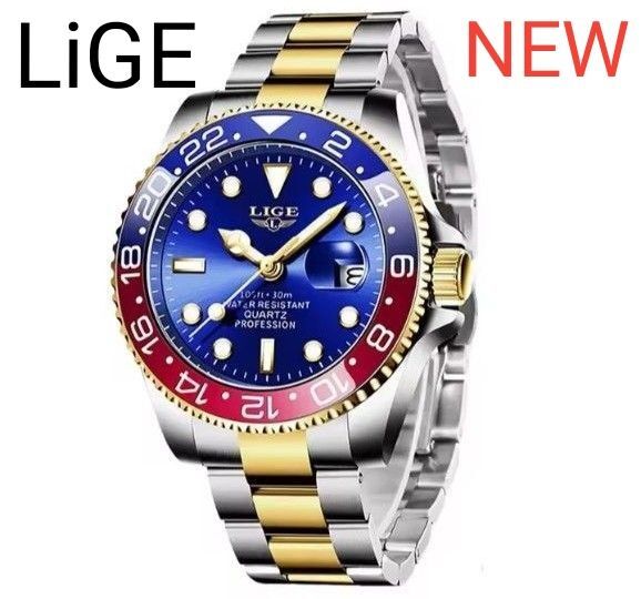 LiGE メンズ腕時計 スポーツウォッチ ステンレスバンド 30m防水 回転ベゼル ギフトBOX付き! マリンブルーゴールド!