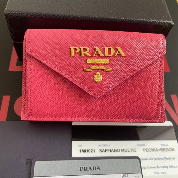 新品未使用 PRADA プラダ 可愛いPEONIAピンク マルチカラー 三つ折り財布 ミニ財布