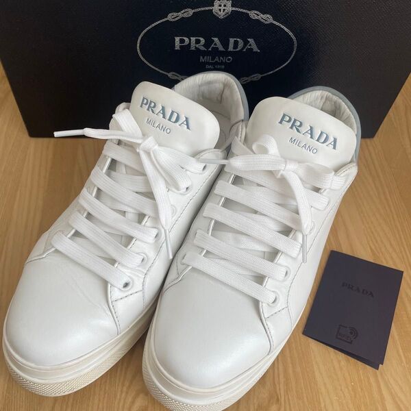 美品 PRADA プラダ スニーカー ホワイト×ブルーグレー 37 24㎝