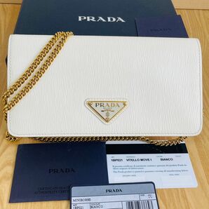 美品 PRADA プラダ チェーンショルダーバッグ ウォレット トライアングルロゴ ホワイト