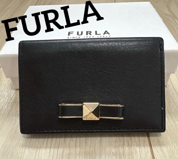 FURLA フルラ レザー カードケース 名刺入れ ブラック 黒 リボンデザイン