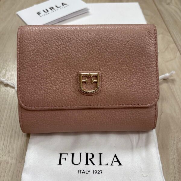 未使用品!FURLA フルラ レザー 財布 三つ折り財布 ピンクベージュ×ゴールド金具 ウォレット