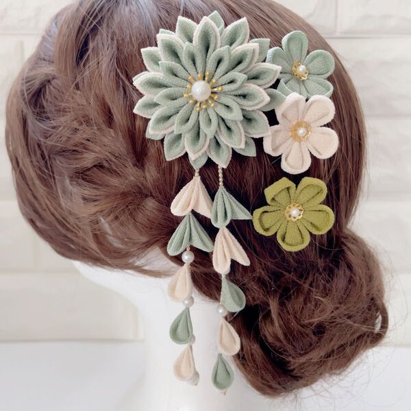 つまみ細工 髪飾り ヘアアクセサリー グリーン系 成人式 卒業式 結婚式
