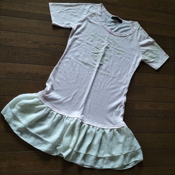 00’s Y2K 平成ギャル 姫ギャル 英字 2重フリル半袖Tシャツ バレエコア サイズ 160/84A(M)