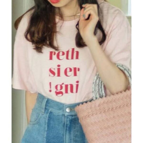 【Kastane】カスタネ(M)英字プリントTシャツ*麻混*クルーネック*ピンク Tシャツ 半袖Tシャツ