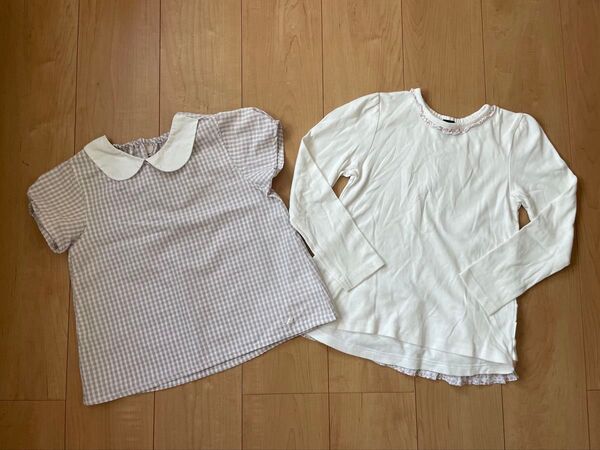 【130cm】petit main(プティマイン)トップス2点セット/子供服/キッズ/ガールズ/半袖ブラウス/長袖Tシャツ