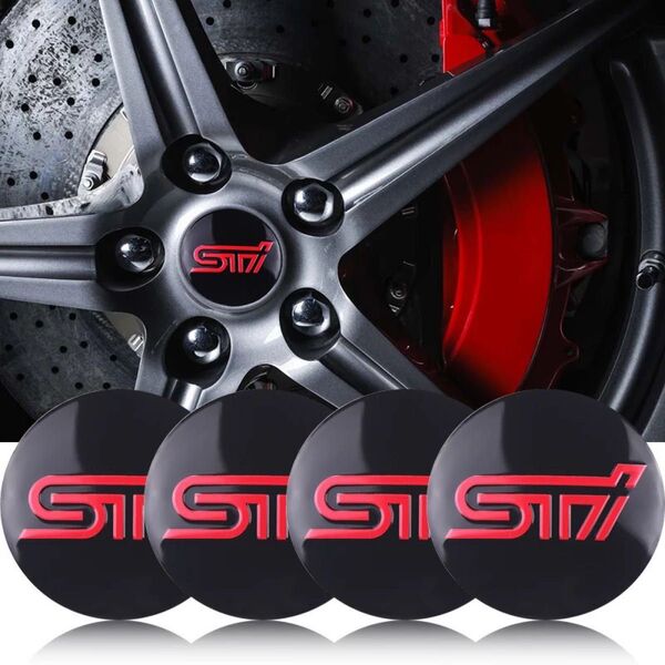 スバル STI 用ホイールキャップステッカー56mm4枚セットブラック、レッド