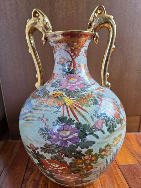 薩摩焼 丸に十字家紋 天五龍耳 壺 花瓶 古美術 44cm 花柄 鳥柄 インテリア 置物
