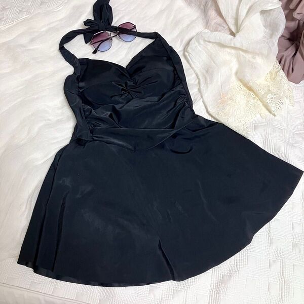 レディース ワンピース水着 体型カバー セクシー ショートパンツ 黒 ブラック M プール 海 ビーチ レジャー