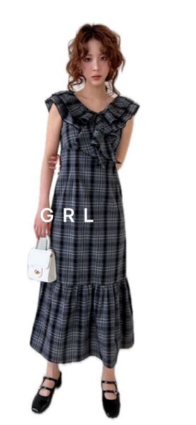 【新品】GRL チェック柄フリルマーメイドワンピース Lサイズ ブラック