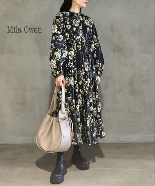 ミラオーウェン Mila Owen 花柄 スタンドカラー袖ボリュームワンピース
