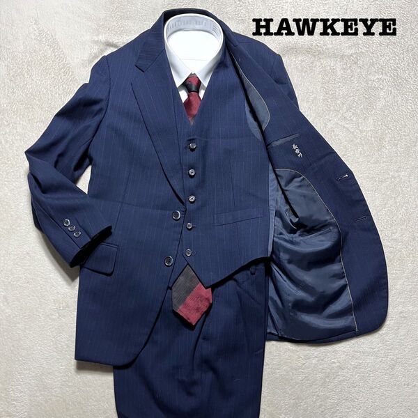 HAWKEYE 3ピース ネイビー ストライプ A5 ノータック スーツ上下