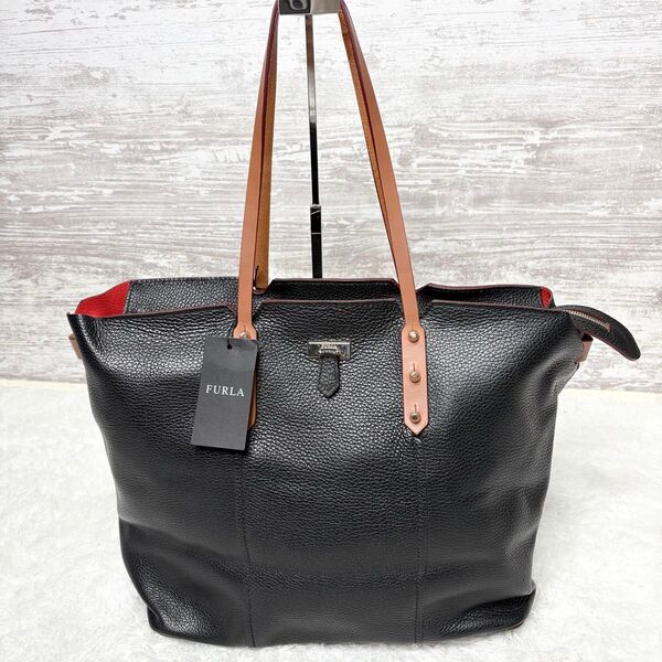 FURLA 黒赤レザートートバッグ A4 大容量 肩掛け トートバッグ レザー ビジネス