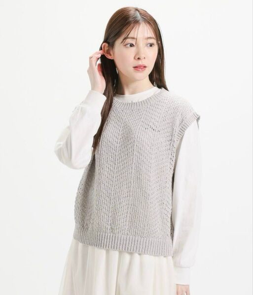 【美品】Honeys ハニーズ 透かし編クルーネックベスト ベスト L グレー ニットベスト クルーネック サマーニット 丸首