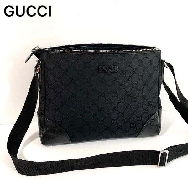 【極美品】GUCCI グッチ ショルダーバッグ GGキャンバス×レザー ブラック