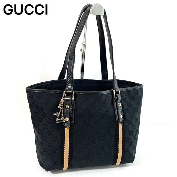 【良品】GUCCI グッチ トートバッグ 肩かけ GGキャンバス×レザー 黒