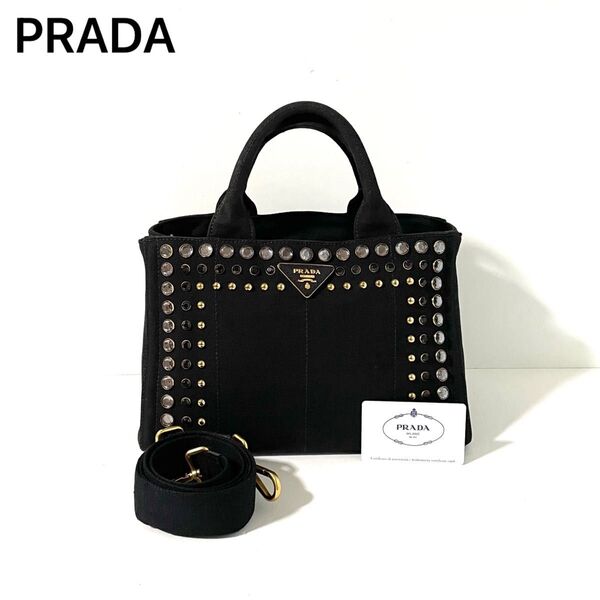 【美品】PRADA プラダ 2way トートバッグ カナパ ビジュー キャンバス Sサイズ