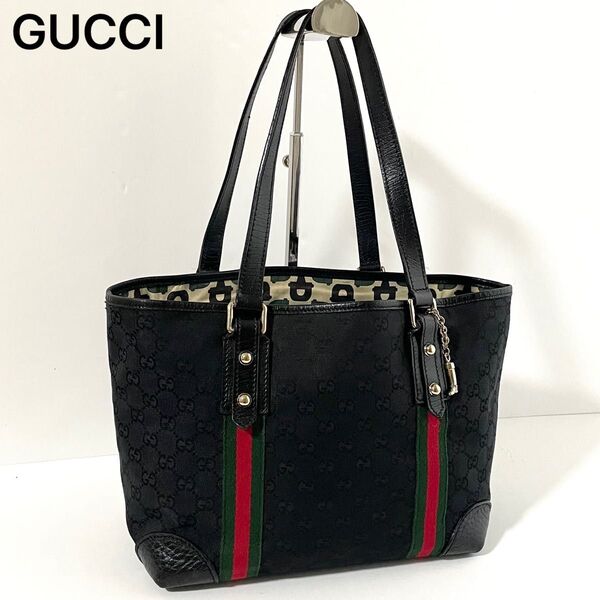 【良品】GUCCI グッチ トートバッグ 肩かけ GGキャンバス×レザー 黒