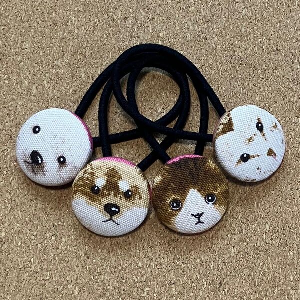 ハンドメイド ヘアゴム くるみボタン ねこ柴犬クマフクロウアニマル柄子供親子姉妹お揃いセット大人