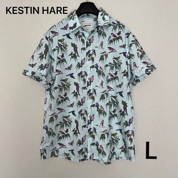 KESTIN HARE ケスティンエアSilkenfavours 半袖シャツ バードプリント 総柄 鳥 L 野鳥