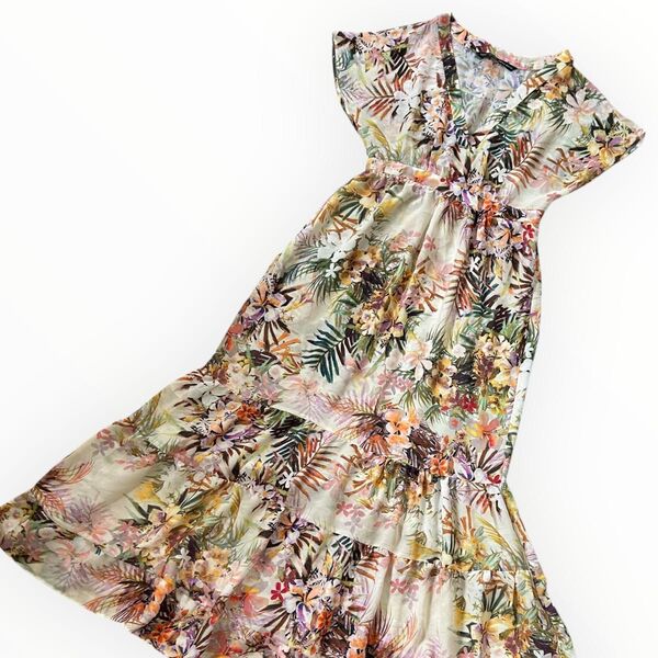 美品 ZARA BASIC ザラ ロングワンピース 花柄 ボタニカル柄 S 半袖 花柄ワンピース マキシ丈 夏