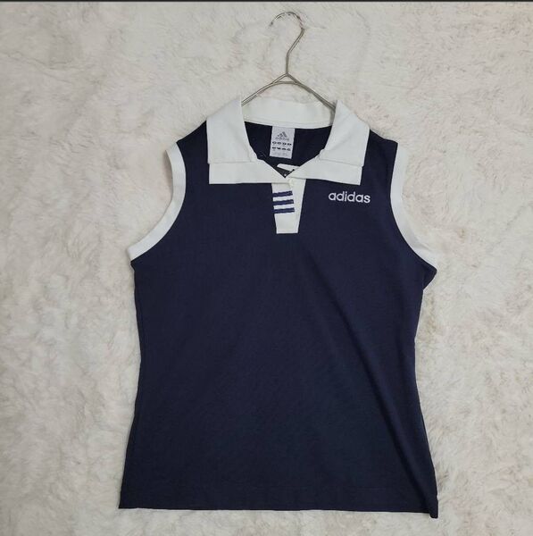 訳あり新品 adidas ノースリーブ ポロシャツ ゴルフウェア ネイビー L