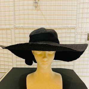 【未使用美品】rienda リエンダ つば広帽子 麦わら帽子 アウトドア バケットハット ハット 帽子 リボン 黒 ブラック