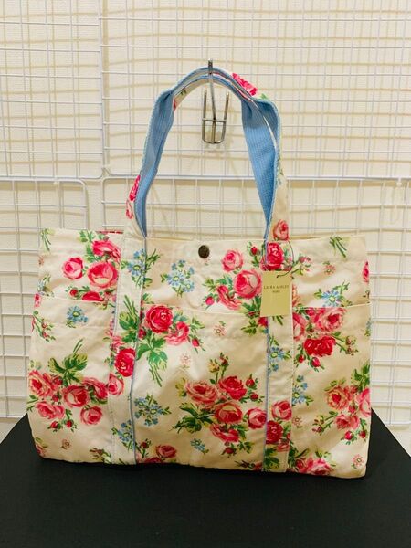 【タグ付き未使用美品】ローラアシュレイ トートバッグ ショルダーバッグ 花柄 ホワイトベージュ系