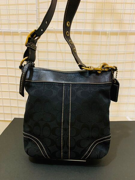 【まあまあ美品】 COACH コーチ シグネチャー ショルダーバッグ 肩掛け レザー キャンバス ブラック系
