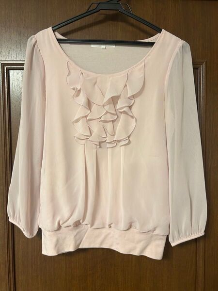 【ANAYI】美品 アナイ シアースリーブ フリル シフォン ブラウス 38(M) パステルピンク 日本製 カットソー 長袖