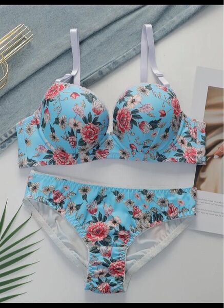 下着 ブラジャー ショーツ セット 上下セット ランジェリー 水色 青 花柄 C65 C70 D65 D70 M 可愛い 新品