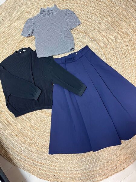 ZARA ザラ お得 3点セット プリーツシフォンドルマントップス 千鳥柄パフスリーブトップス Tシャツ プリーツスカート シャツ
