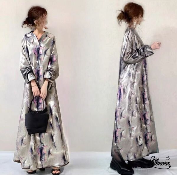 F【新品】秋春夏 薄手 長袖 マキシ丈 シルバー マルチカラー ゆったり