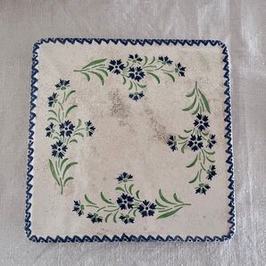 希少 フランス アンティーク 陶器 敷物 矢車菊 青 小花 花柄