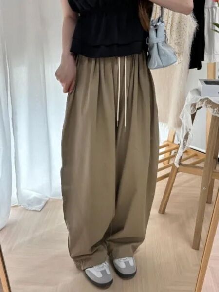 ゆるダボ感が今っぽ韓国っぽカジュアル ワイドパンツ モカ イージーパンツ ワイドパンツ サルエルパンツ 韓国風 レディース 茶