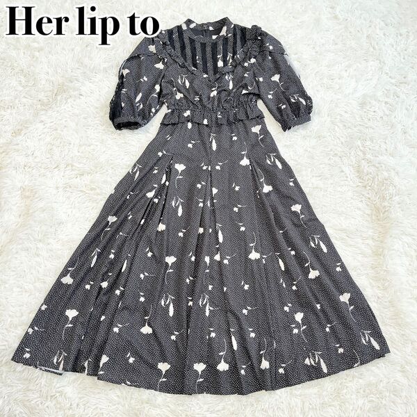 Her lip to ハーリップトゥ マキシ丈 半袖 ロングワンピース フレア Aライン 花柄 総柄 レース ブラック ホワイト