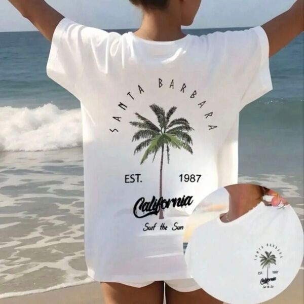 半袖バックプリントTシャツホワイト ユニセックス ココナッツの木&レタープリント オーバーサイズ 男女兼用 速乾性 クーポン消化